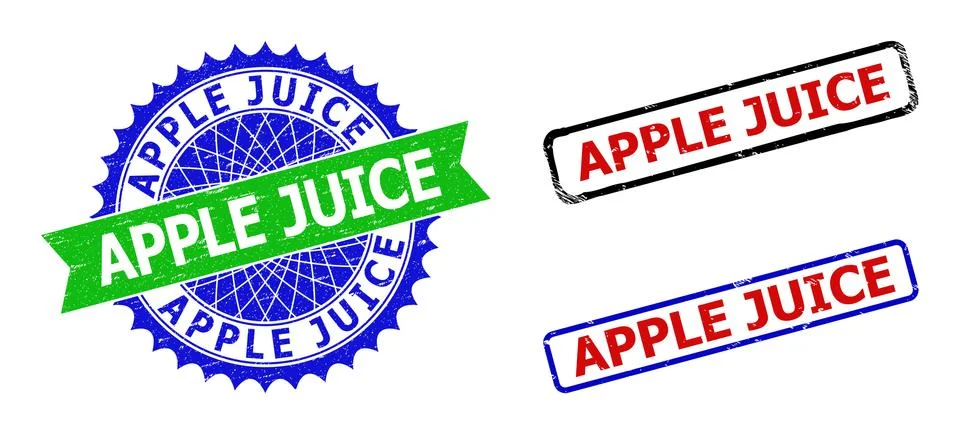 APPLE JUICE Rosette and Rectangle Bicolor Seals with Corroded Textures Stock Illustration