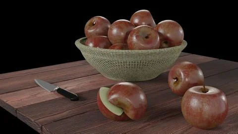 Apple knife basket table 3d Stock Illustration