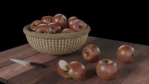 Apple knife basket table 3d Stock Illustration