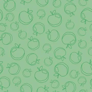 Apple line-art seamless pattern on a green background Stock Illustration
