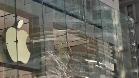 Apple logo and glass building tilt hift slow motion 4K Stock Footage 201568594