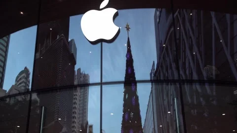 The Apple logo is displayed at an official store in a shopping mall in Bangkok. Stock Footage 262000680