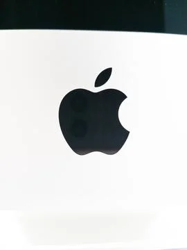 Apple logo on iMac isolated over white Stock Photos