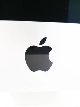 Apple logo on iMac isolated over white Stock Photos