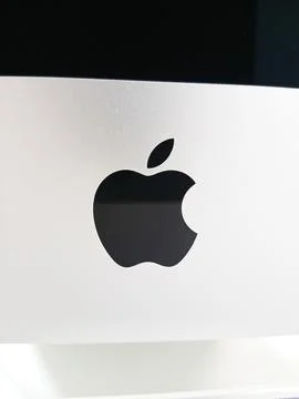Apple logo on iMac isolated over white Stock Photos
