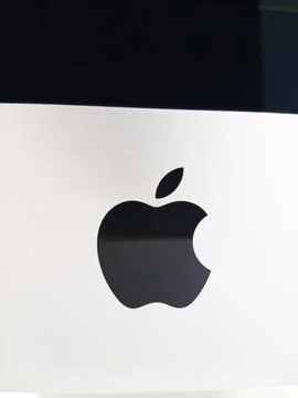 Apple logo on iMac isolated over white Stock Photos