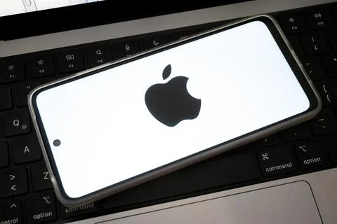Apple logo on smartphone resting on modern keyboard Stock Photos