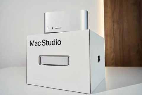 Apple Mac Studio Max with original packaging box Stock Photos