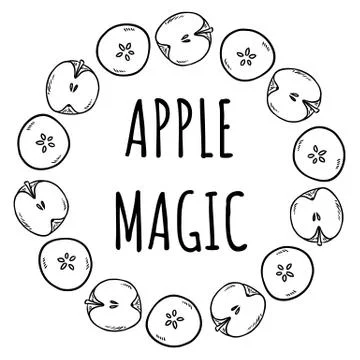 Apple magic. Cute cut in half apples natural drawn decorative wreath cozy ban Stock Illustration