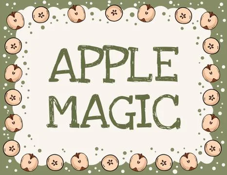 Apple magic flyer. Cute cut in half apples natural drawn poster. Cartoon styl Stock Illustration