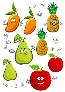Apple, mango, pineapple and pear fruits characters Stock Illustration