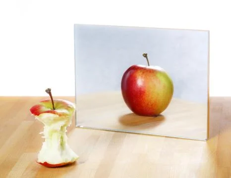 Apple in the mirror image,abstract vision Stock Photos