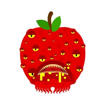 Apple monster GMO mutant. Angry fruit with teeth. Hungry Alien Food vector il Stock Illustration