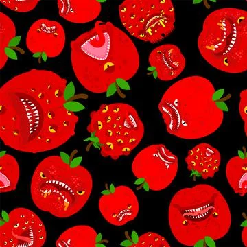 Apple monster GMO mutant pattern seamless. Angry fruit with teeth background. イラスト素材