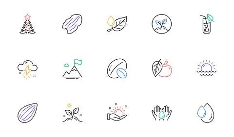 Apple, Mountain flag and Thunderstorm weather line icons for website, printing Stock Illustration