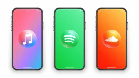 Apple Music Spotify SoundCloud Logo On Iphone Screen Vector Set Stock Illustration