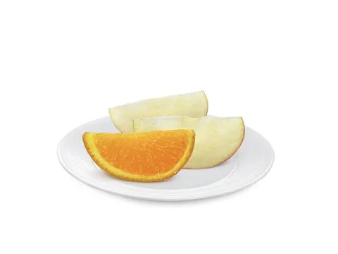 Apple Orange fruit on dish isolated on white background Stock Photos