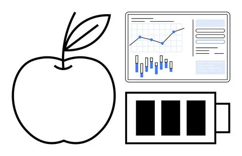 Apple outline, tablet displaying analytics with charts and graphs, and batter Illustrazione stock