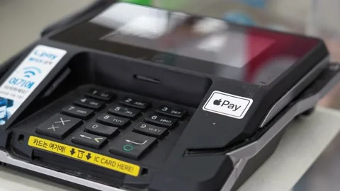 Apple Pay available soon and Apple Pay service sticker at South Korea Video stock 235647830