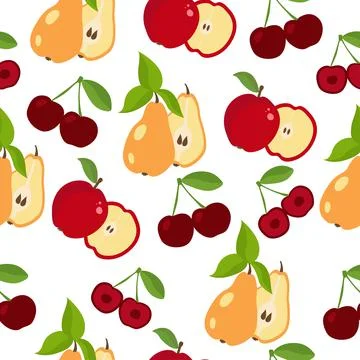 Apple, pear and cherry with leaves seamless pattern on white background. Flat Stock Illustration
