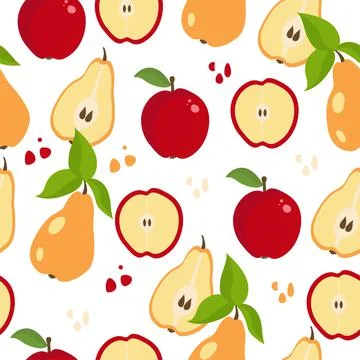 Apple, pear and fruit halves with leaves seamless pattern on white background 스톡 일러스트