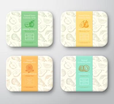 Apple, Pear, Coconut, Orange and Clove Spice Cardboard Boxes Set. Abstract Stock Illustration