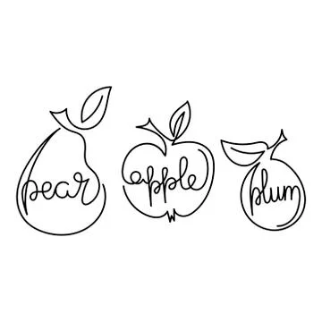Apple, pear, plum - one continuous line of drawing. The name of each fruit. H Stock Illustration