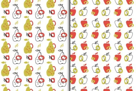 Apple, pear seamless patterns, set of 2. Colorful fruit, circle silhouettes Stock Illustration
