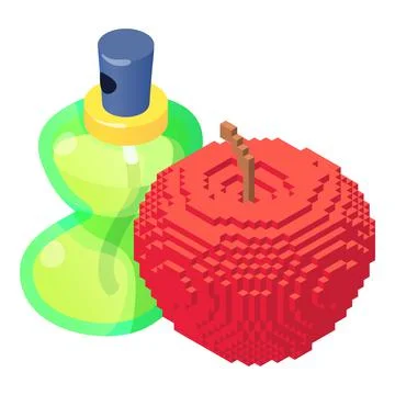 Apple perfume icon isometric vector. Bottle of perfume and red pixel apple icon 스톡 일러스트