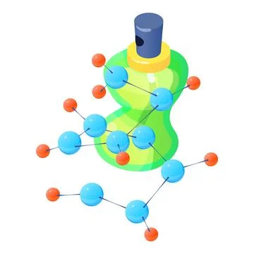 Apple perfume icon isometric vector. Bottle of new perfume and molecule symbo Stock Illustration