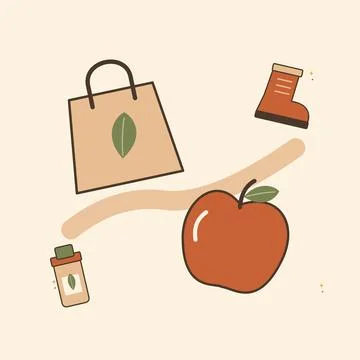 Apple picking essentials with a rustic basket mood. Decorative flat vector co Ilustración de archivo