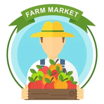 Apple picking logo, man with apple. Farmers characters Illustrazione stock