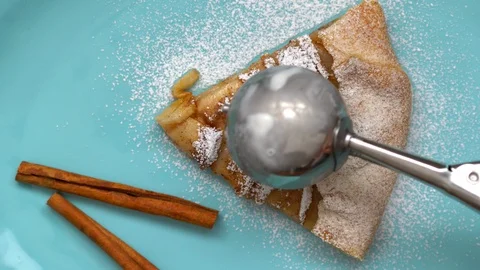 Apple pie and ice cream ball. Top view. Stock Footage 88955360