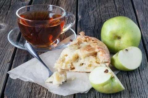 Apple pie. Apple cake slice. Charlotte cake. Stock Photos