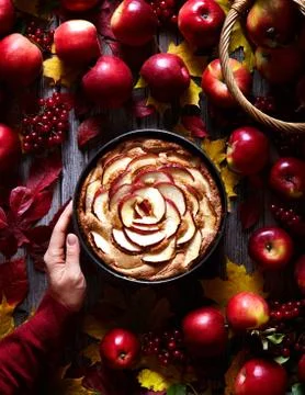Apple pie cake decorated with slices in the baking dish on a wooden background Stock Photos