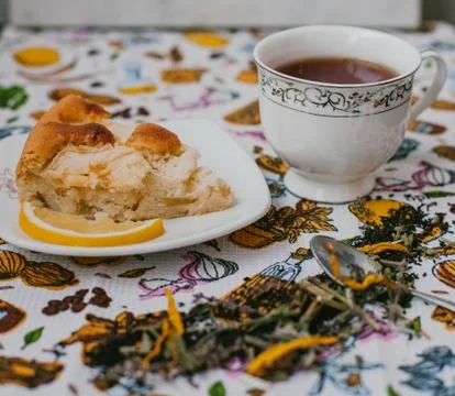 Apple Pie with a cup of tea Stock Photos