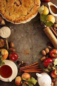 Apple pie decorated with fall leaves Stock Photos