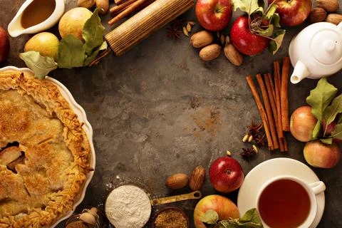 Apple pie decorated with fall leaves Stock Photos