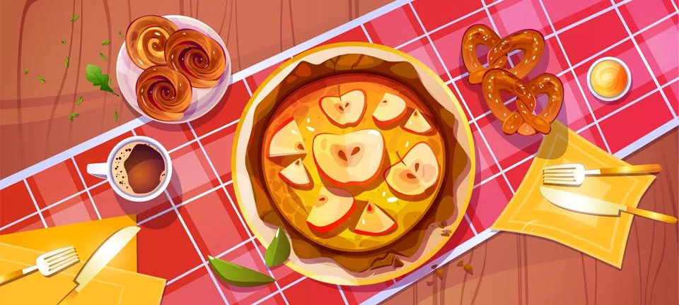 Apple pie on kitchen table top view cartoon vector Stock Illustration