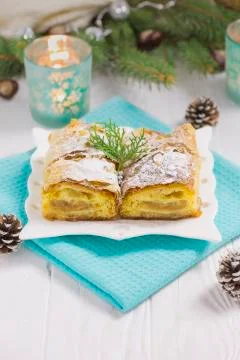 Apple Pie on White Wood Table with Turquoise Cloth Stock Photos