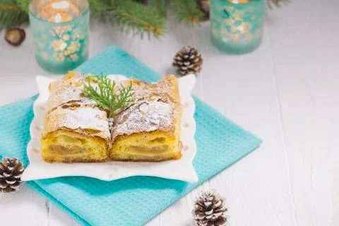 Apple Pie on White Wood Table with Turquoise Cloth Stock Photos
