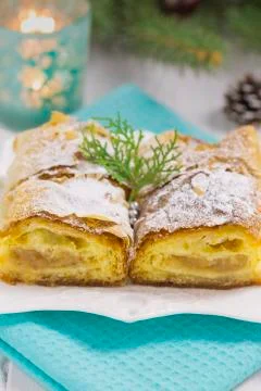 Apple Pie on White Wood Table with Turquoise Cloth Stock Photos