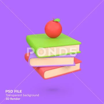 Apple on a pile of books isolated 3d render icon illustration PSD 템플릿