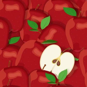 Apple pile seamless pattern and half. Red apples fruits vector illustration. Stock Illustration