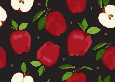 Apple seamless pattern and slice with seed on black background. Red apples fr Illustrazione stock