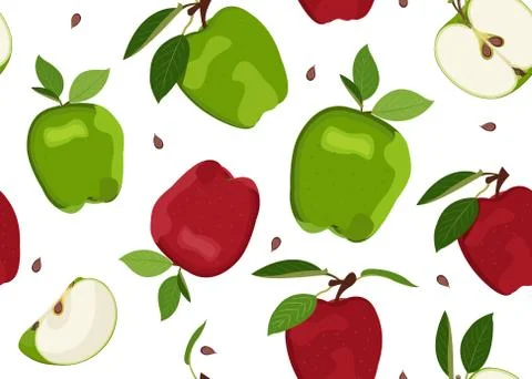 Apple seamless pattern and slice dropping on white background. Red and Green  Stock Illustration