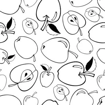 Apple seamless pattern. Black contour doodle sketch Vector illustration. Design Stock Illustration