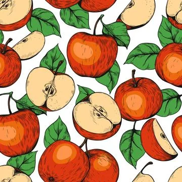 Apple seamless pattern. Fruit colorful sketch style. Summer background. Hand 스톡 일러스트