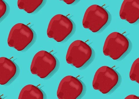 Apple seamless pattern on green blue background. Red apples fruits vector ill Stock Illustration
