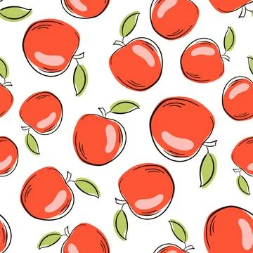 Apple seamless pattern. Hand drawn fresh apple. Vector sketch background. Color Stock Illustration